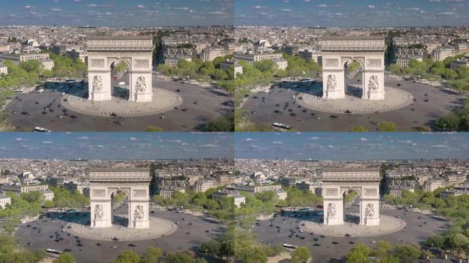 晴天巴黎市飞越著名交通圈凯旋拱门广场空中全景4k法国