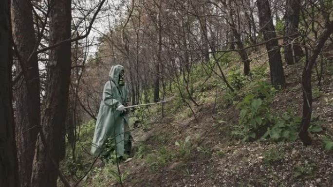 穿着雨衣和防毒面具的剂量计检查黑麦森林中的辐射背景。关于切尔诺贝利灾难的主题