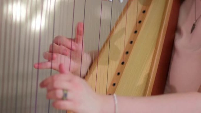 女孩弹竖琴。手和弦的特写。用手放在女孩身上的全景