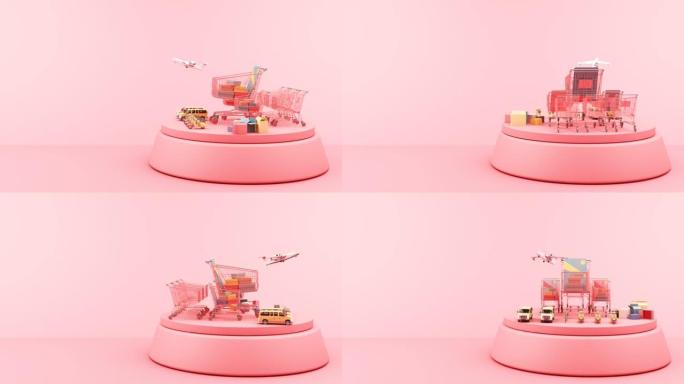 移动电子商务概念上的踏板车，货车和飞机快速交付，带有购物车和粉红色背景3d动画循环上的许多盒子