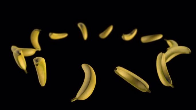 香蕉在旋转。它们在轨道上旋转。旋转木马3d动画。选择性聚焦。背景模糊。隔离。阿尔法通道。没有背景。4