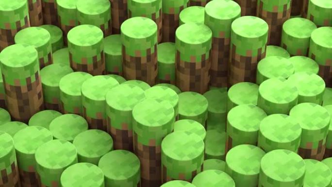 3D抽象圆柱体。电子游戏几何镶嵌波浪图案。使用棕色和绿色的草圆形块建造丘陵景观。无缝循环的3D动画。