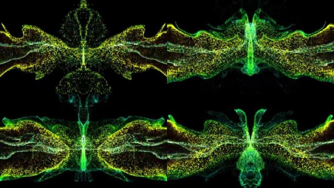 在黑暗背景上形成蝴蝶的抽象流体粒子
