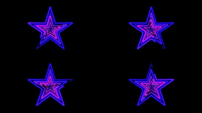 黑色背景上的粉色蓝色霓虹灯线标志明星动画的抽象无缝4k视频动画。4k视频霓虹灯星特写。