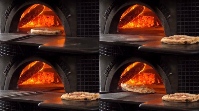 披萨是在烤箱里用火烤的。