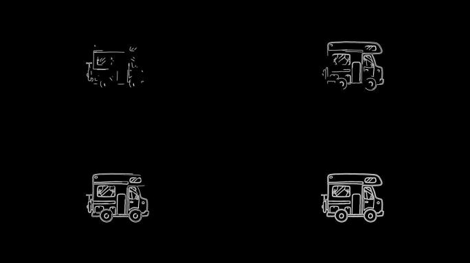 霓虹灯线房车露营拖车图标隔离在黑色背景上。旅行移动家庭，大篷车，旅行家庭露营者。4k视频动态图形动画