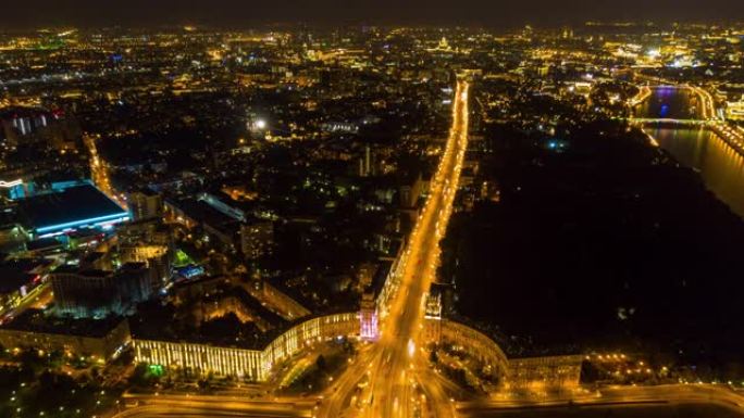 夜间照明莫斯科市交通枢纽互换空中延时全景4k俄罗斯