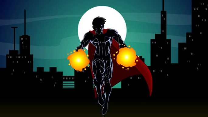 超级英雄漫画角色在城市飞翔