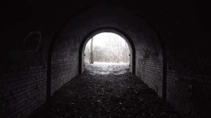 从树林中19世纪防御工事的旧废弃砖拱形隧道退出。
