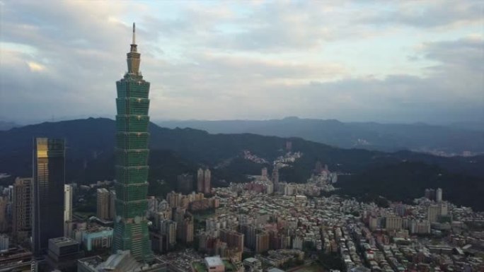 台湾日落时间台北市中心名塔空中全景4k