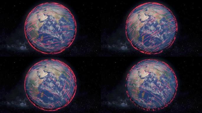 3D发光霓虹灯线围绕地球行星移动。电信，网络，网络或wifi的概念在世界范围内传播。
