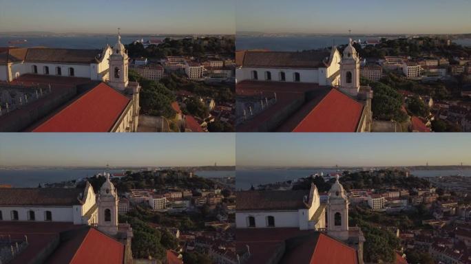 里斯本山城市景观空中全景4k葡萄牙日落时间女士视点
