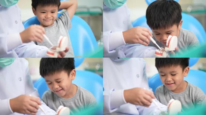 亚洲孩子在牙科诊所检查牙医。牙科检查和医疗保健的概念