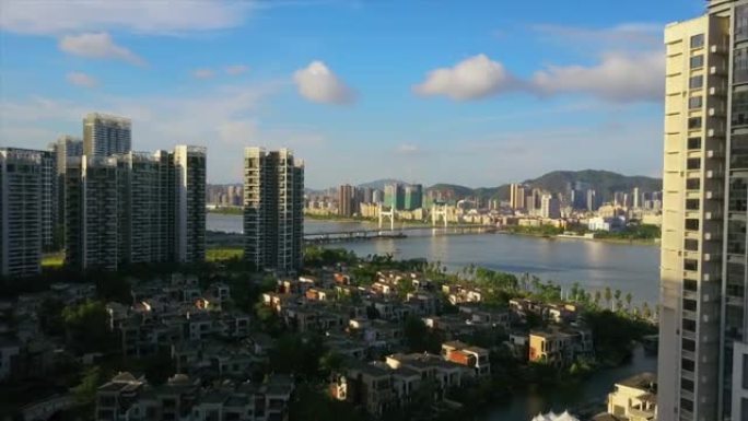 珠海市晴天生活公寓街区河桥空中全景4k中国