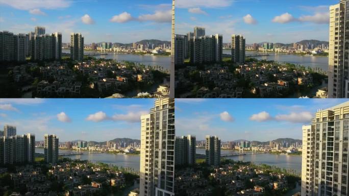 珠海市晴天生活公寓街区河桥空中全景4k中国