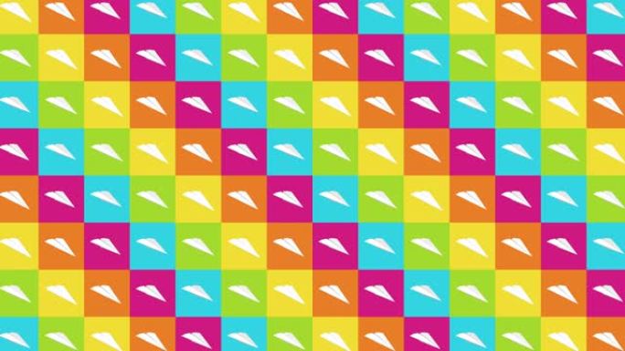 手工纸飞机收藏。彩色背景上流动的白纸平面的循环动画。业务连接概念。折纸飞机飞行。