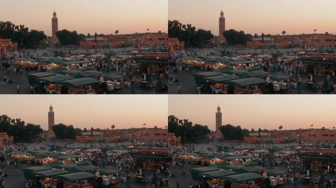 摩洛哥马拉喀什-2019年5月15日: 摩洛哥马拉喀什的Djemaa El-fna。日落时拉马丹·卡
