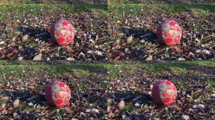 公园里草地上有一个破旧的足球。