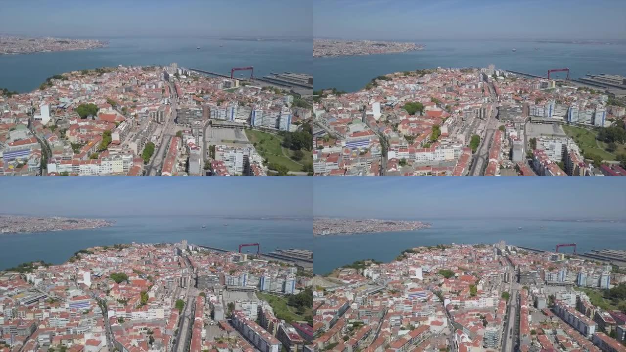 阳光明媚的一天里斯本城市海湾码头航空全景4k葡萄牙