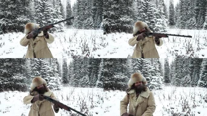 穿着传统服装的猎人在白雪皑皑的冬季森林中开枪