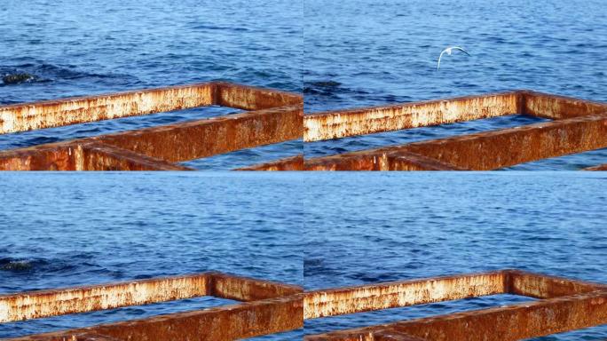旧漆生锈的铁梁在海边的水中