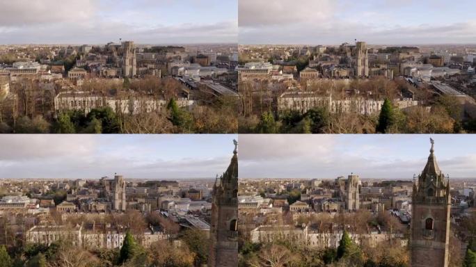 经过布里斯托尔大学和威尔斯纪念大楼的空中追踪，然后在前景中露出卡博特塔