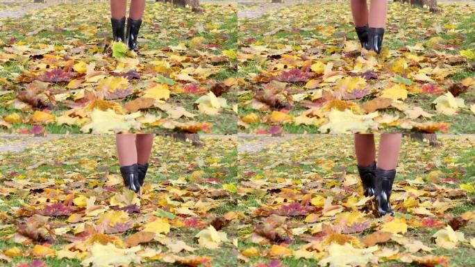 一个女人在落叶上行走的腿。在寒冷的秋日，穿着靴子的时尚女性腿。公园里的秋天寒冷的日子