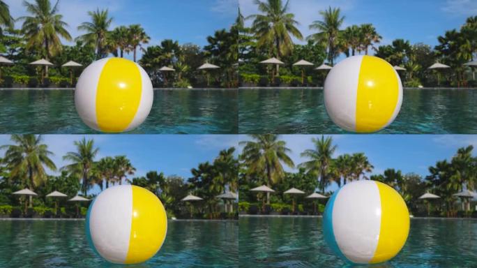游泳池中漂浮的彩色充气沙滩球