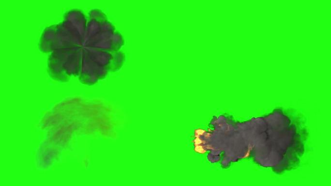 慢动作CG火球和绿色屏幕背景上的火焰爆炸4K 60FPS包3个剪辑