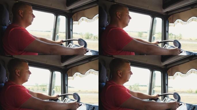 卡车司机将手臂握在方向盘上，并控制卡车行驶到目的地。卡车司机在乡下经营一辆汽车。男子在乡间道开车。物