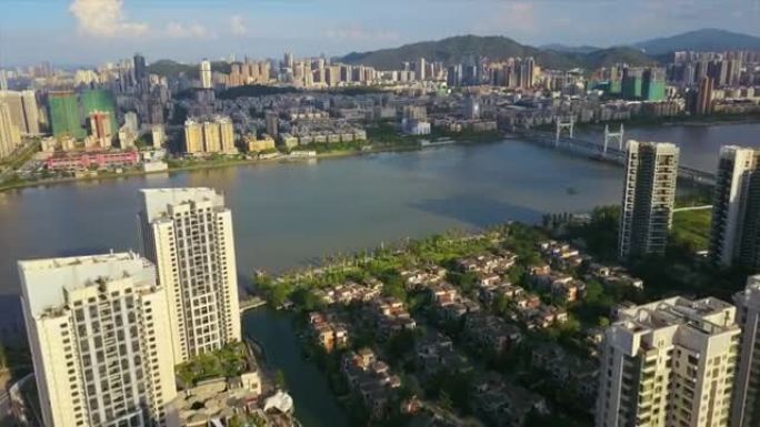 晴天珠海城市景观河湾空中全景4k中国