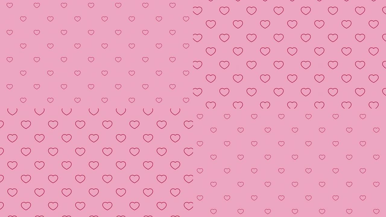 粉色背景，红色细线心形符号图案。无缝运动图形循环动画假日