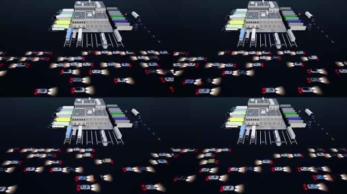 大型物流园区空中夜间景观运输概念4k