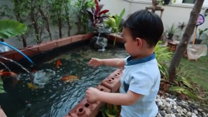 亚洲男孩在锦鲤池塘玩耍