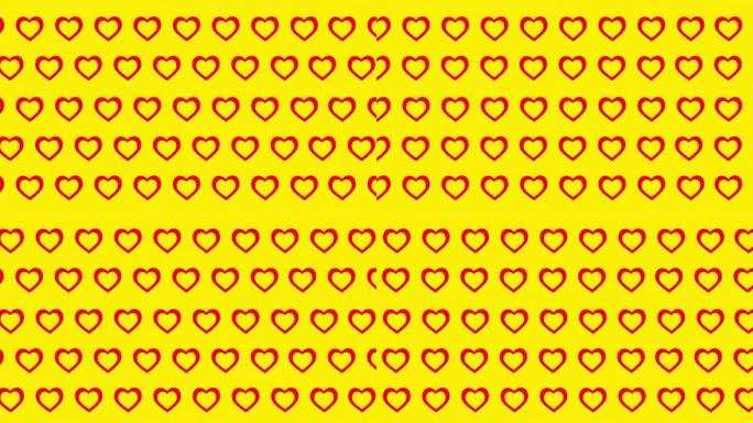 红色形状和黄色背景的心形图案。充满爱与设计的情人节。动画在两者之间移动。