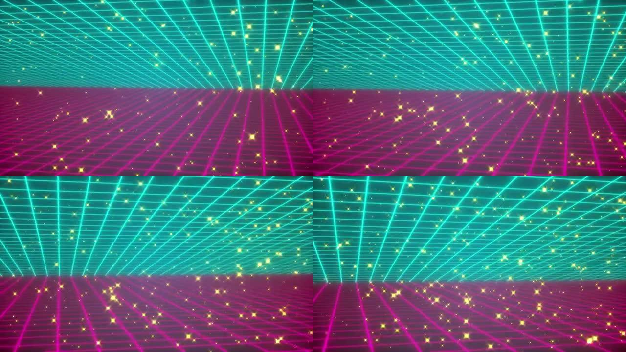 彩色网格和星辉，计算机生成。复古风格的3d渲染背景