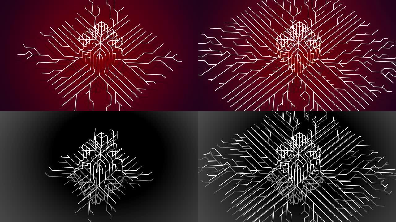 深红色bg上的4k抽象白色线框。Ai不断增长的线的几何图案形成立方体，计算分支，节点和交点。通过人工