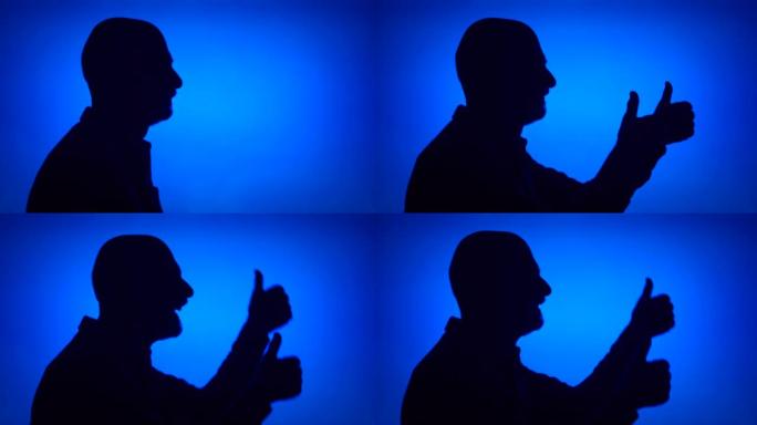 高级男子的剪影在蓝色背景上竖起大拇指。男性在个人资料中的脸显示竖起大拇指的标志