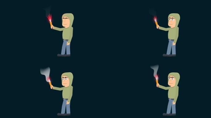火场，卡通。烈火。一个拿着火炬的人的动画。卡通
