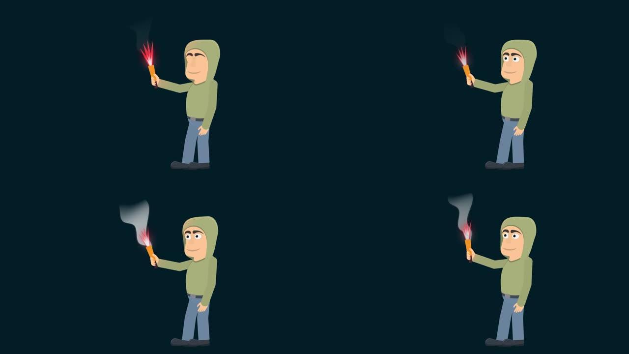 火场，卡通。烈火。一个拿着火炬的人的动画。卡通
