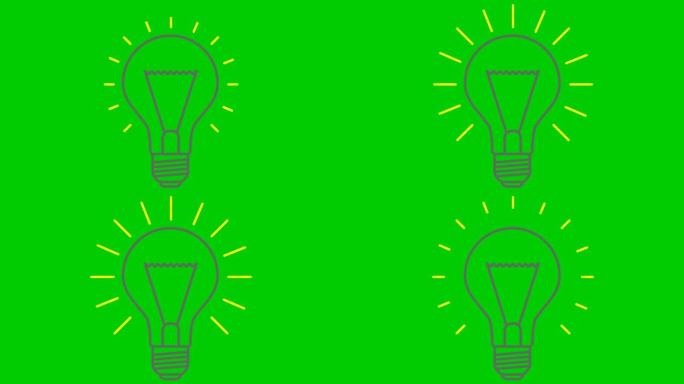 带有黄色射线的灰色灯泡的动画符号。想法和创意的概念。循环视频。矢量插图孤立在绿色背景上。