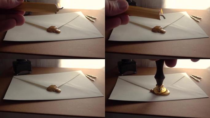 秘密对话的概念送过去。18世纪的邮寄技术。低光慢动作的冲压蜡密封一个安全的信件。