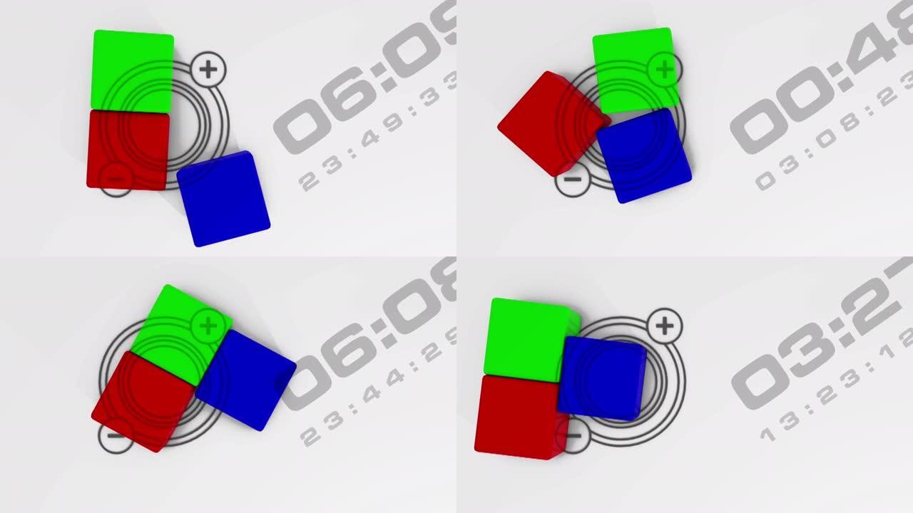 3d动画，白色背景上的树立方体形状 (rgb)，带有磁场和数字的符号