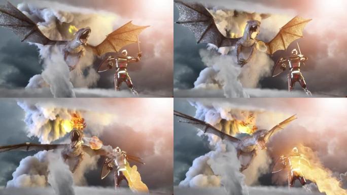 骑士战斗龙，龙与人渲染3d