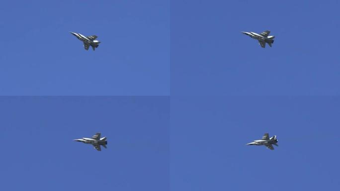 军用飞机，空中飞行的喷气式战斗机。战隼。俄罗斯战斗机，飞机的特写镜头。俄罗斯和美国军队。军机、机场、