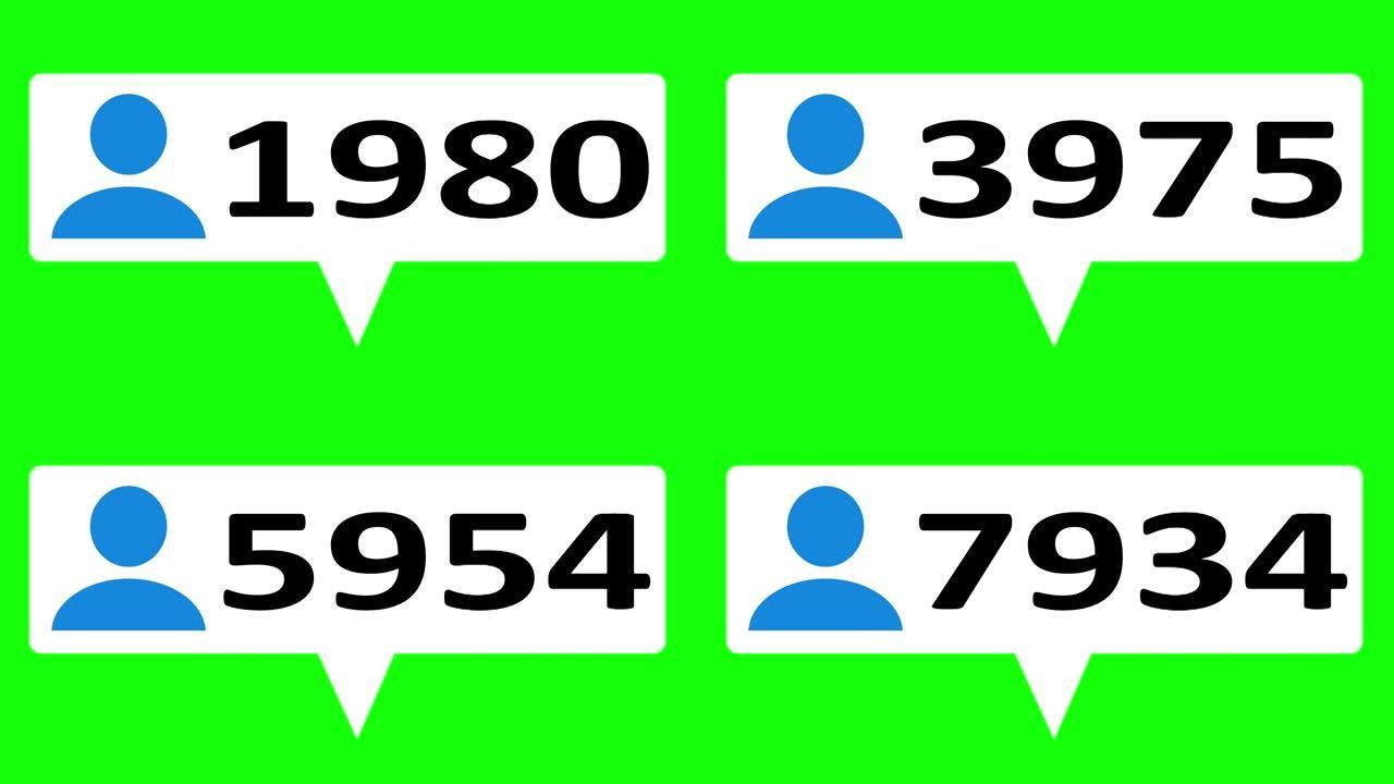平面设计的关注者图标在4K社交媒体计数器，显示点击随着时间的绿色屏幕背景alpha哑光