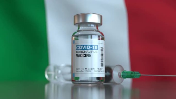 带有意大利国旗的新型冠状病毒肺炎疫苗和注射器，可循环