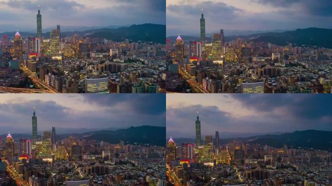 晚间照明台北城市景观市中心交通全景4k延时台湾