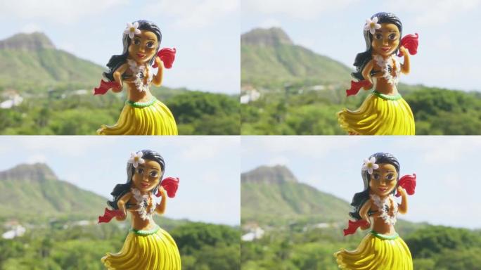 草裙舞女孩娃娃在夏威夷背景下跳舞4k慢动作60fps