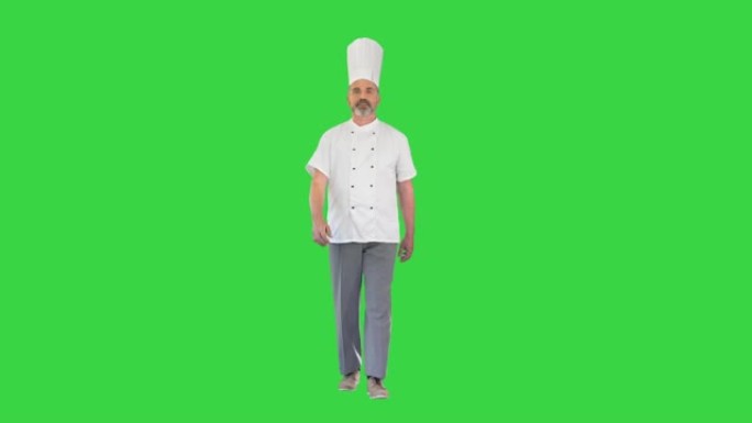 穿着白色制服的高级厨师走在绿色屏幕上，色键